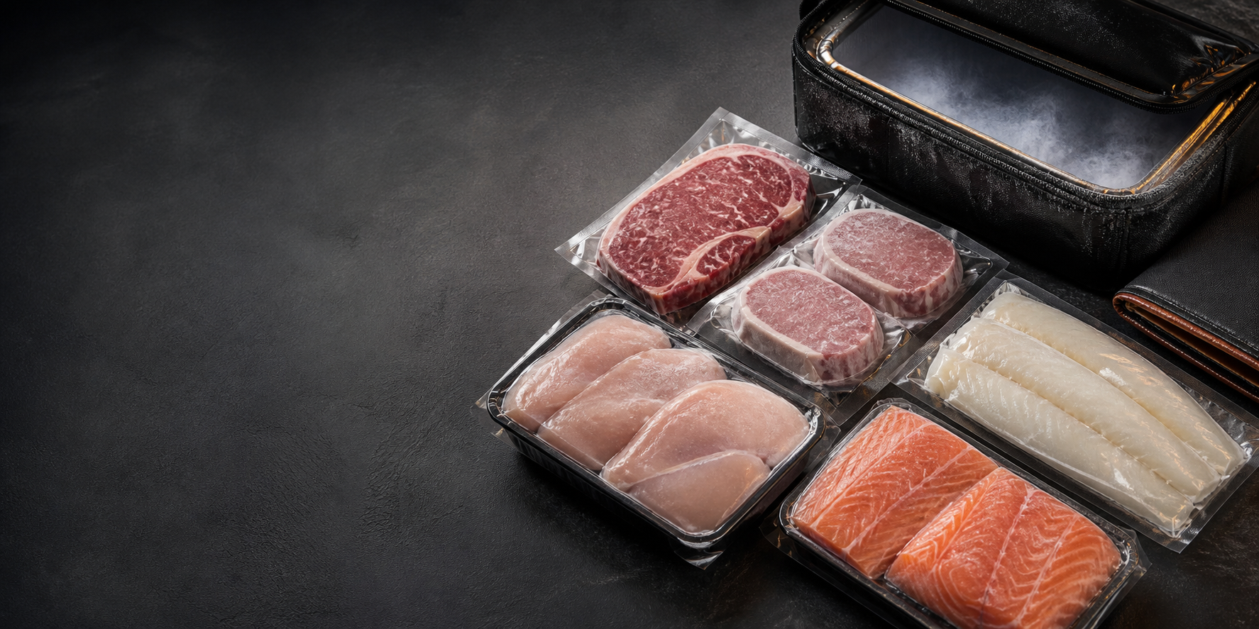 Selección de res, cerdo, pollo y pescado congelados